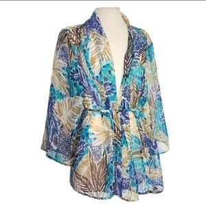 Bon Worth Kimono Semi Sheer Tropical Leaf Detail Aqua Size L